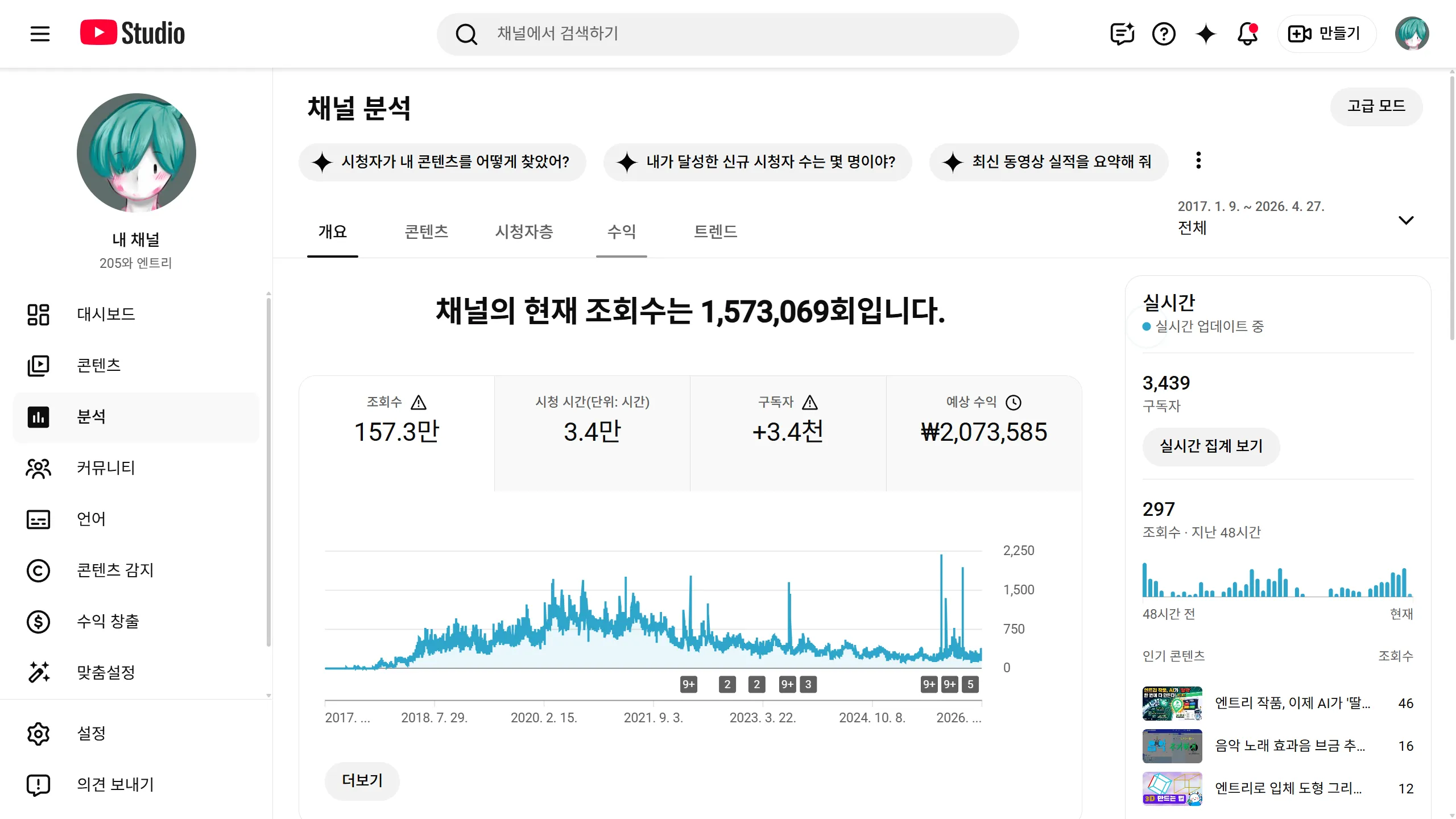 유튜브 분석 탭
