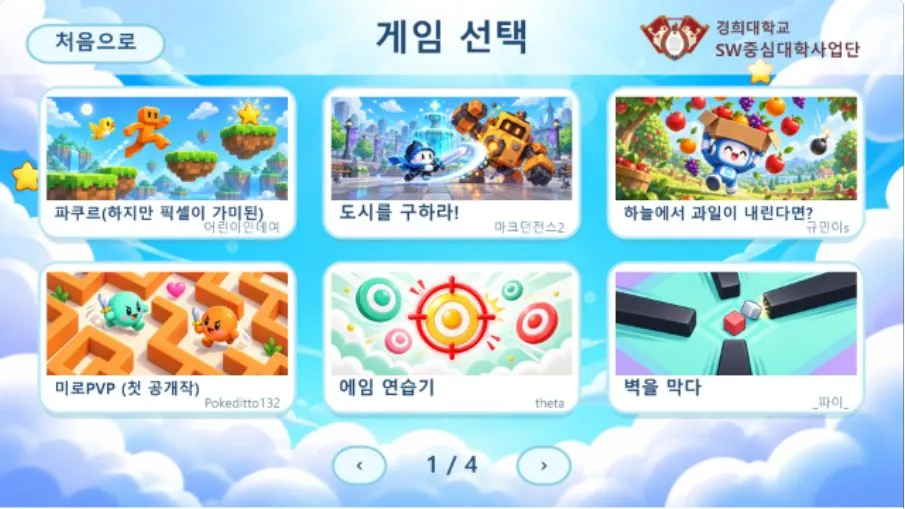 24개 미니게임 가운데 첫 6개를 보여 주는 게임 선택 화면, 1/4쪽